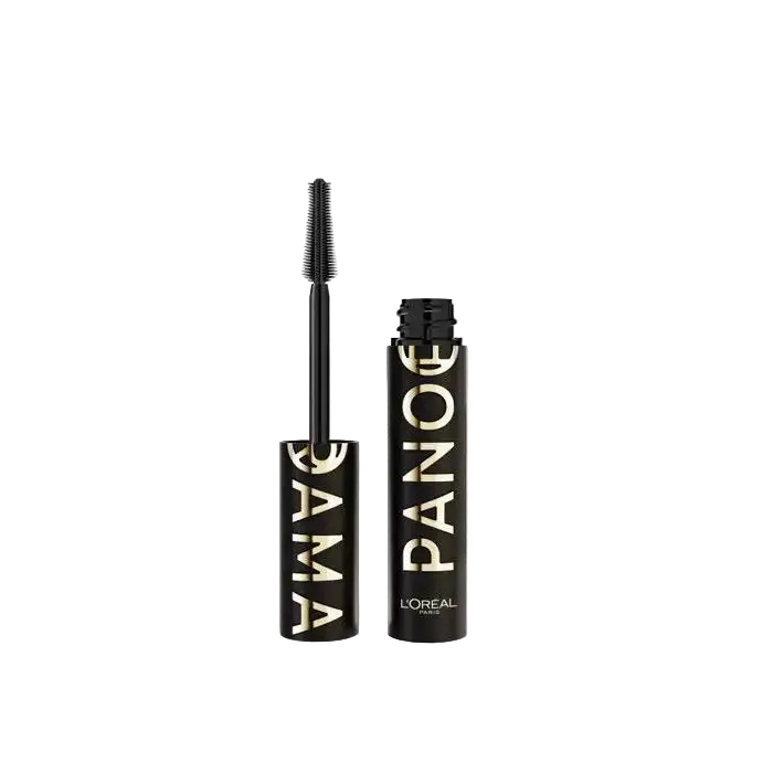 L’Oréal Paris Panorama Mascara Volume Millions de Cils All Night Black applied on lashes, showcasing thick, voluminous eyelash look.