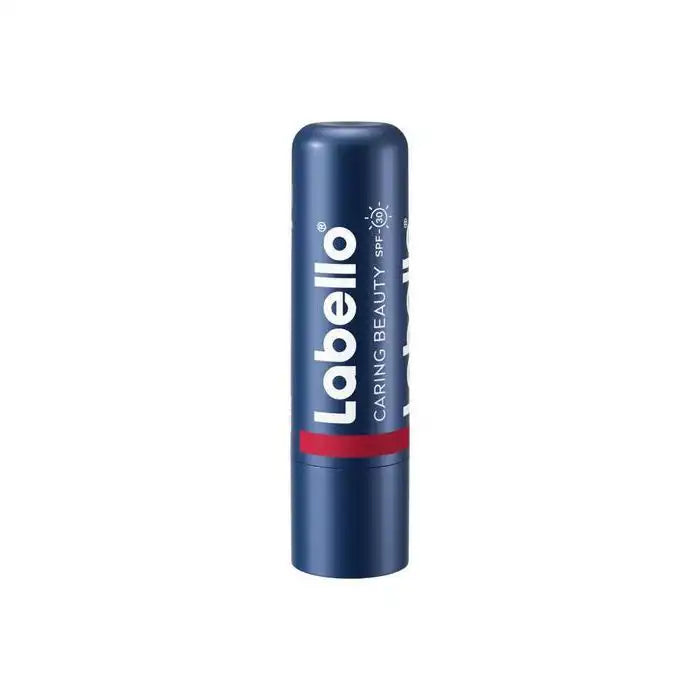 Labello caring lip balm stick with intense red color, SPF 30, 4.8g, featuring nourishing and color-enhancing properties.