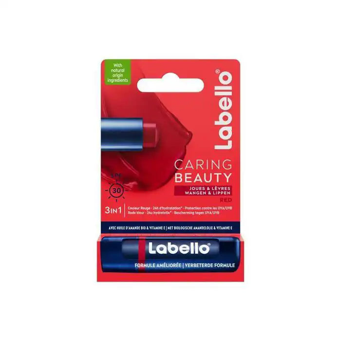 Labello Baume à lèvres Caring Beauty Red, moisturizing lipstick stick with SPF 30 and intense red color, 4.8g, from Celvess Cosmetic.