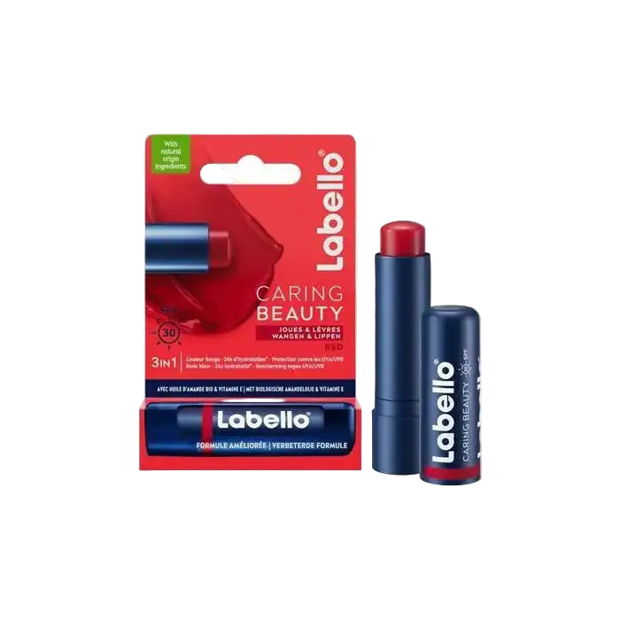 Labello caring lip balm stick in red with SPF30, 4.8g, featuring moisturizing and color-enhancing properties from Celvess Cosmetic.