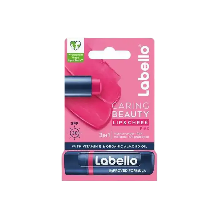 Labello pink lip balm stick with SPF30, caring formula, intense rose color, 4.8g, by Celvess Cosmetic.