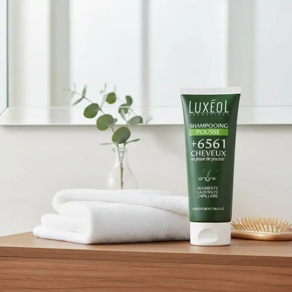 Celvess Cosmetic Luxeol gentle shampooing for hair growth, 200ml bottle with white and green packaging, shown in the image.