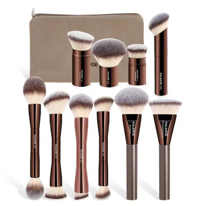 Set of 10 MAANGE makeup brushes by Celvess Cosmetic, including various brush types for foundation, eyeshadow, and blush application.