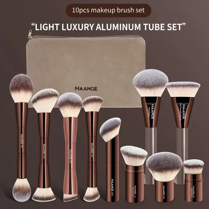 Set of 10 MAANGE makeup brushes by Celvess Cosmetic, including various brushes for foundation, eyeshadow, and blending.