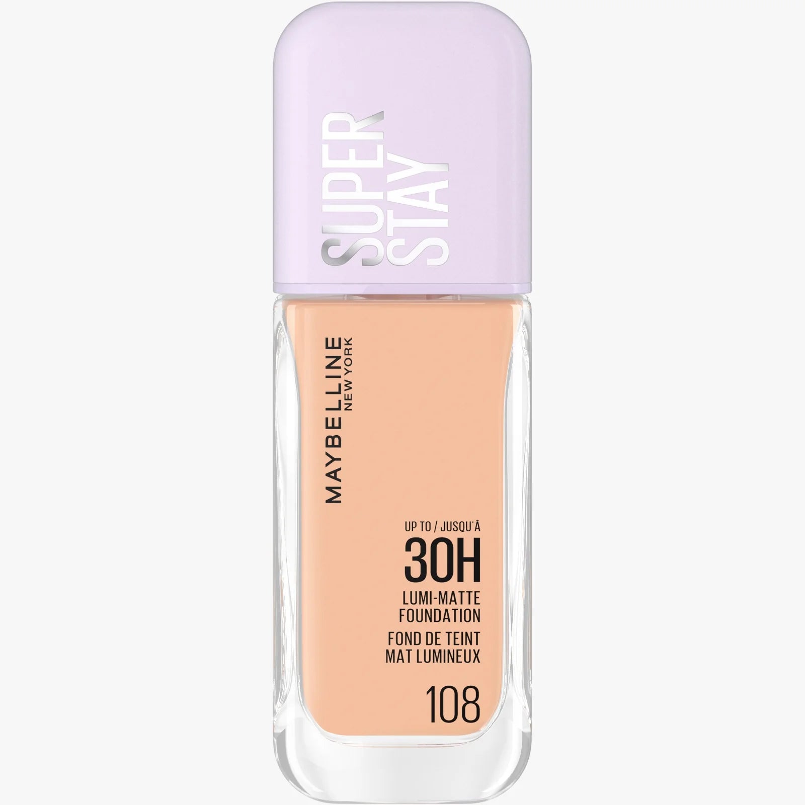 Maybelline SuperStay Lumi Matte foundation in shade 108, showcasing a smooth, matte finish with luminous glow.
