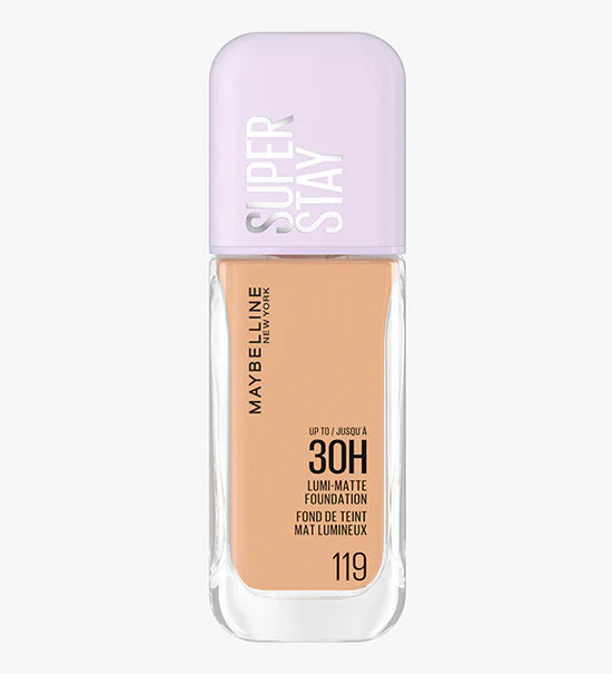 Maybelline SuperStay Lumi Matte foundation in shade 119, a long-lasting liquid foundation with luminous matte finish inside a bottle