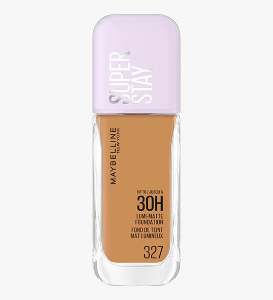 Maybelline SuperStay Lumi Matte foundation in shade 327, liquid makeup with a luminous matte finish, displayed in a sleek tube.