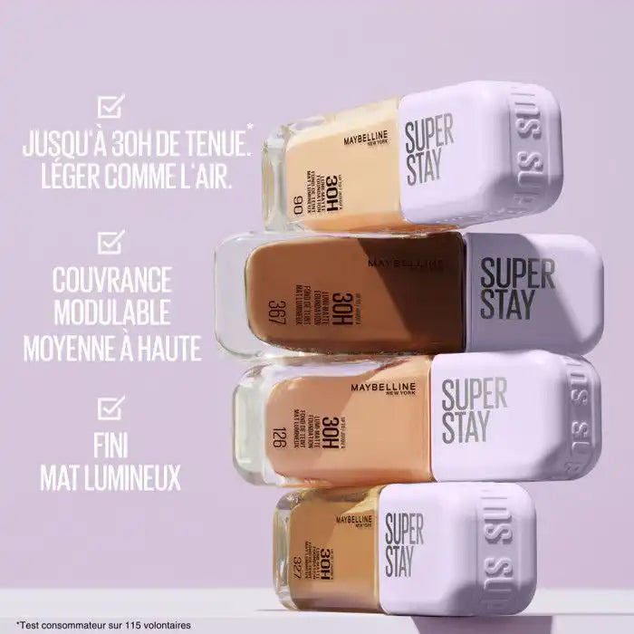Maybelline SuperStay Lumi Matte foundation in shade 128, smooth liquid makeup with luminous matte finish, in a sleek bottle.