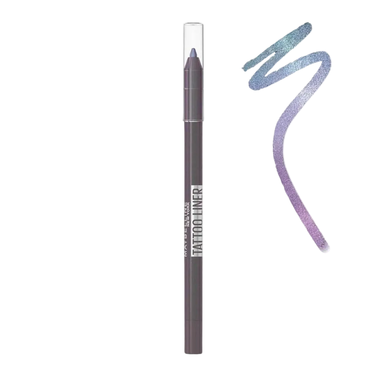 Maybelline New York Tattoo Liner Gel Pencil Eyeliner in black, with a close-up of the pencil tip on a white background.