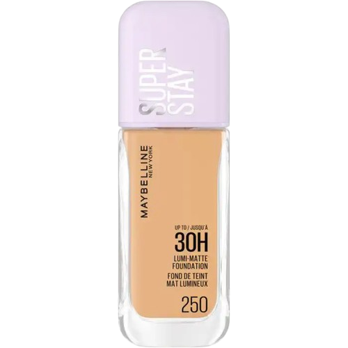 Maybelline SuperStay Lumi Matte foundation bottle, close-up of the liquid makeup product with a matte finish design.