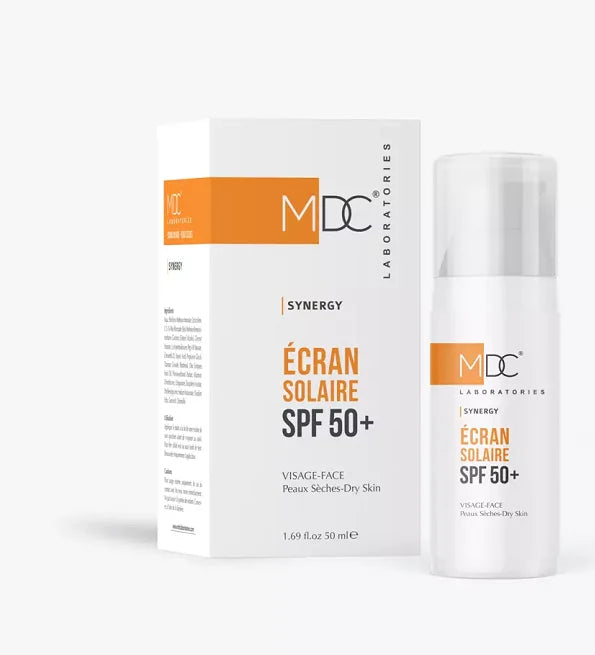 Celvess Cosmetic MDC Synergy Dry Skin Sunscreen SPF50+ 50ml bottle showing the product label and packaging.