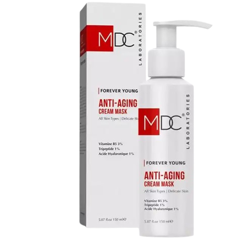 Celvess Cosmetic MDC Forever Young anti-aging masque crème in a 150ml jar, with a smooth, creamy texture for youthful skin.