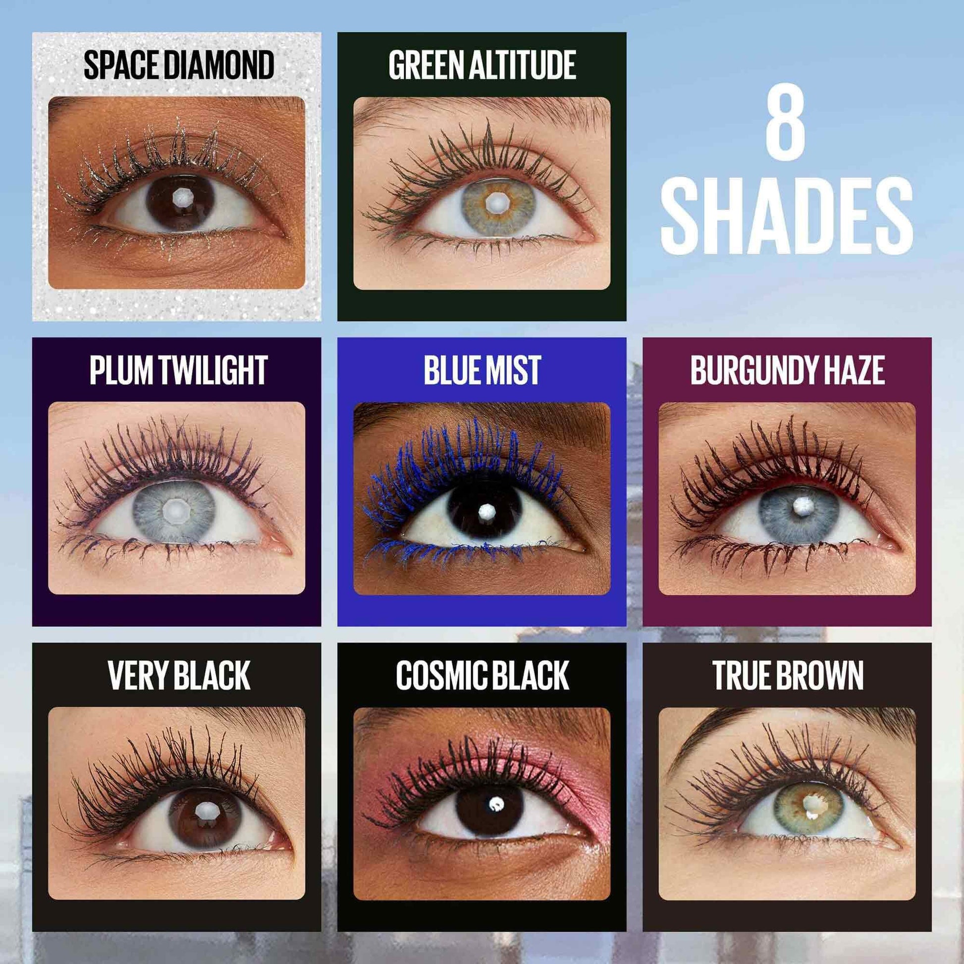 Maybelline Sky High mascara by Celvess Cosmetic showing volumized, lengthened lashes with a black mascara wand.
