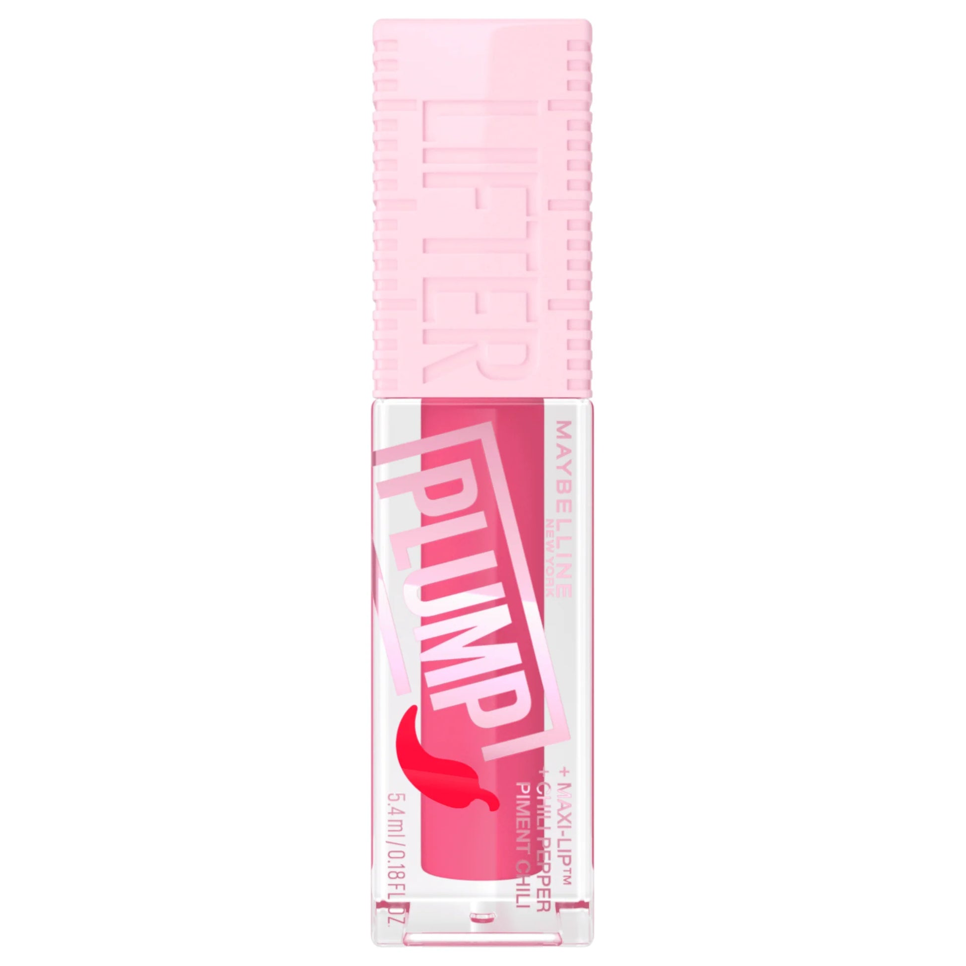Maybelline Lifter Plump foundation bottle in pink, with a sleek design and clear labeling, on a white background.