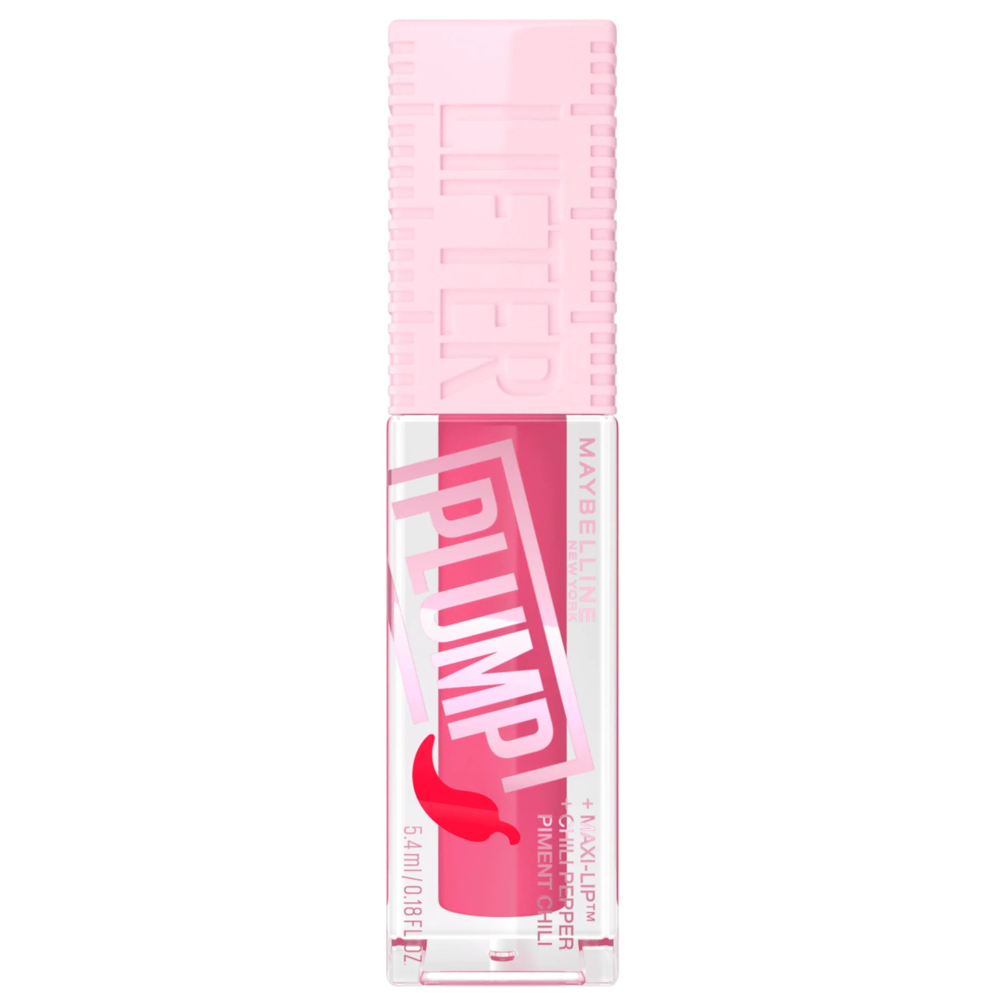 Maybelline Lifter Plump foundation bottle in pink, with a sleek design and clear labeling, on a white background.