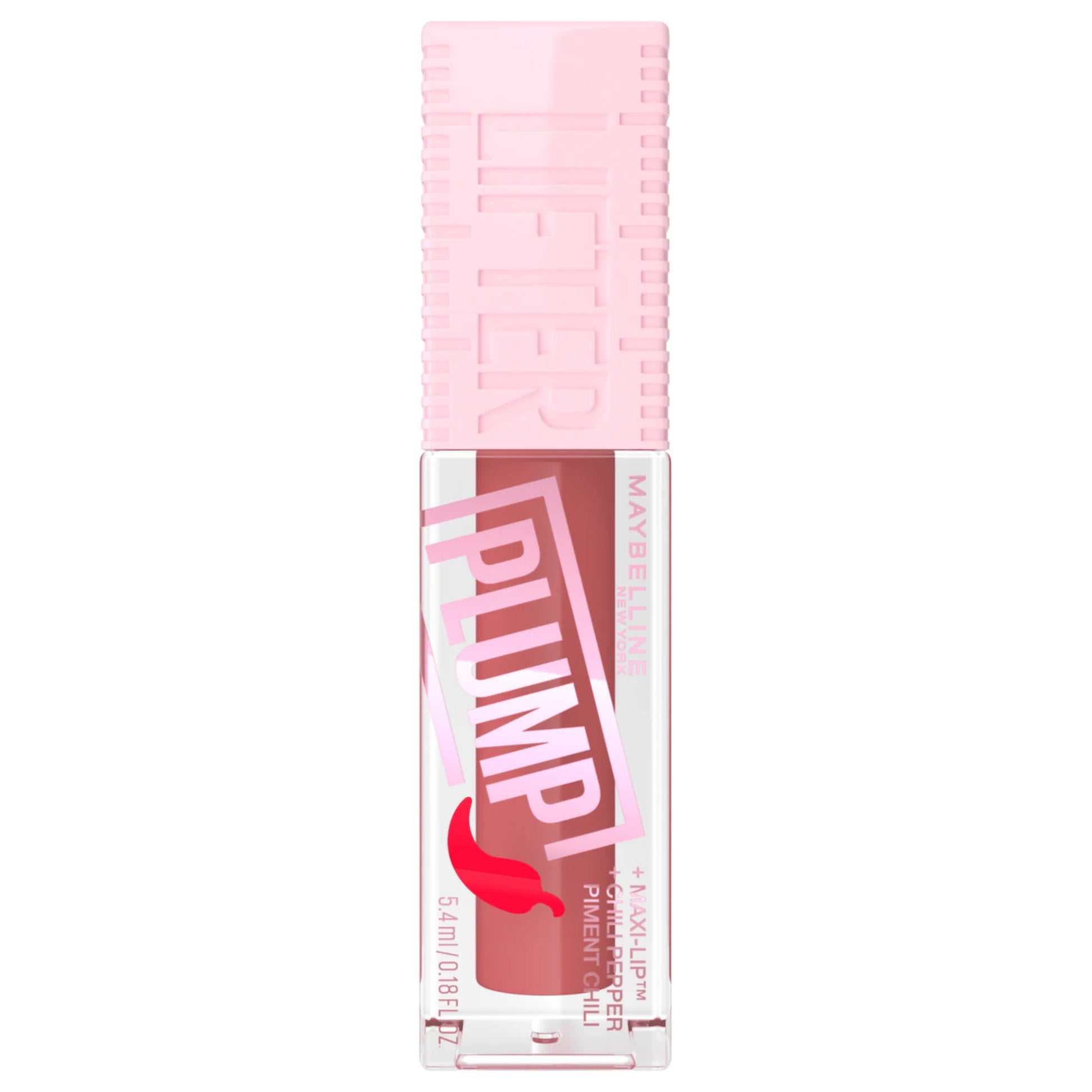 Maybelline Lifter Plump foundation in Peach Fever, showing a close-up of the creamy, peach-toned liquid in a sleek bottle.