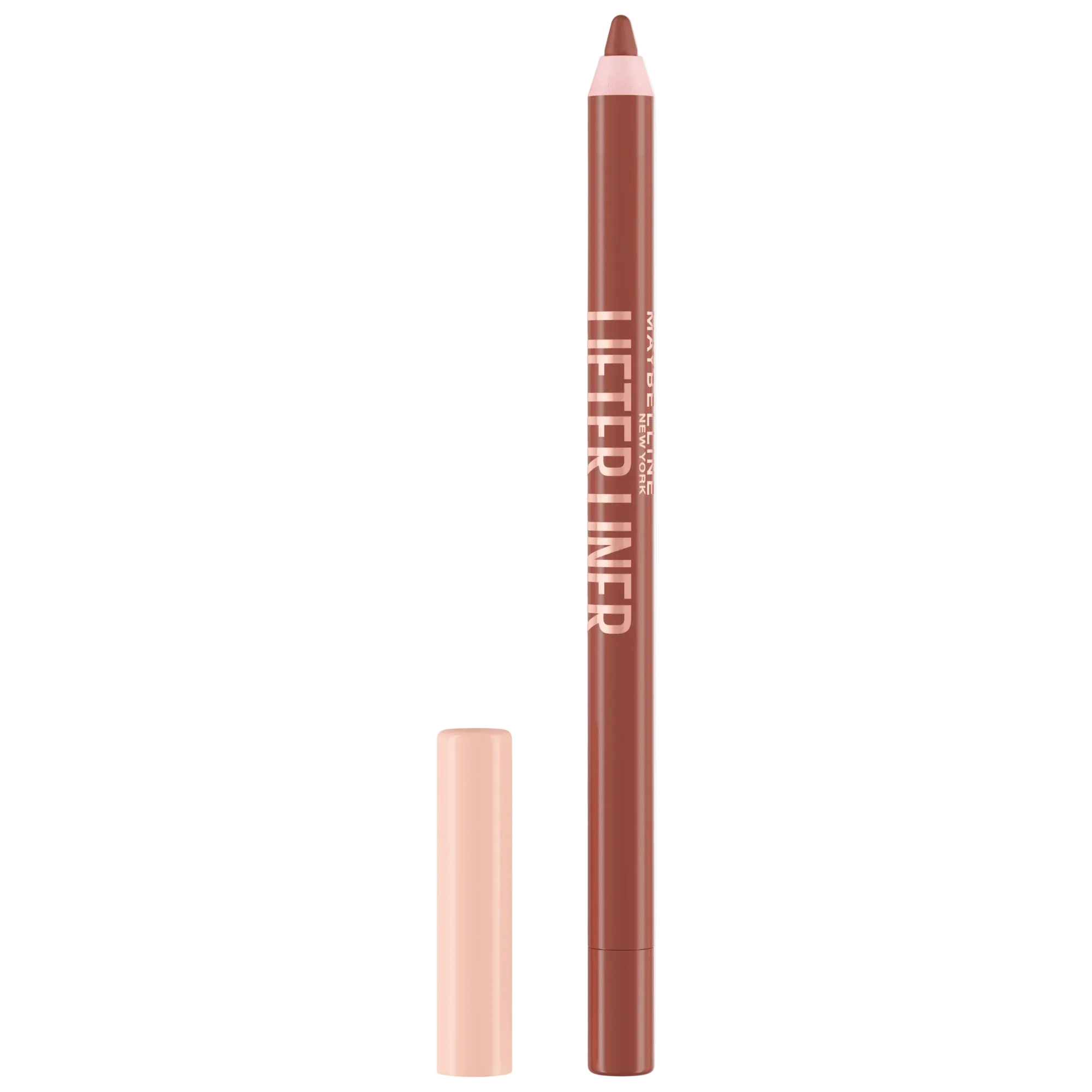 Maybelline Lifter Liner lip crayon in a nude shade, shown with the crayon tip and sleek packaging.