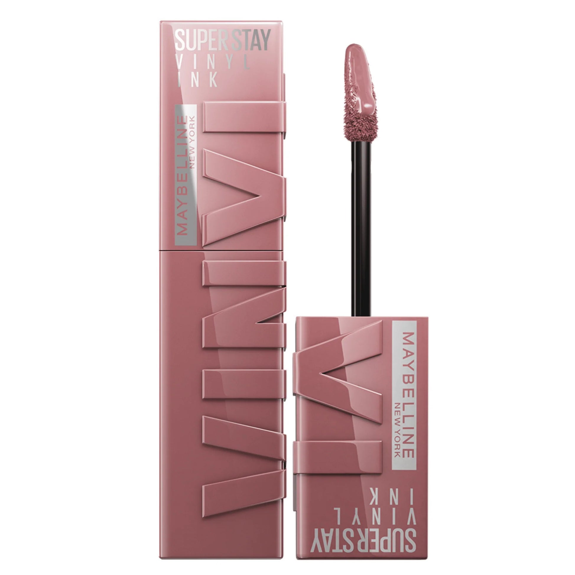 Maybelline New York Superstay Vinyl Ink lipstick in shade 110 Awestruck, featuring shiny, bold red lips with smooth lipstick application.