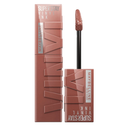Maybelline New York Superstay Vinyl Ink lipstick in shade 120 Punchy, featuring a glossy, vibrant lipstick tube with the product visible.