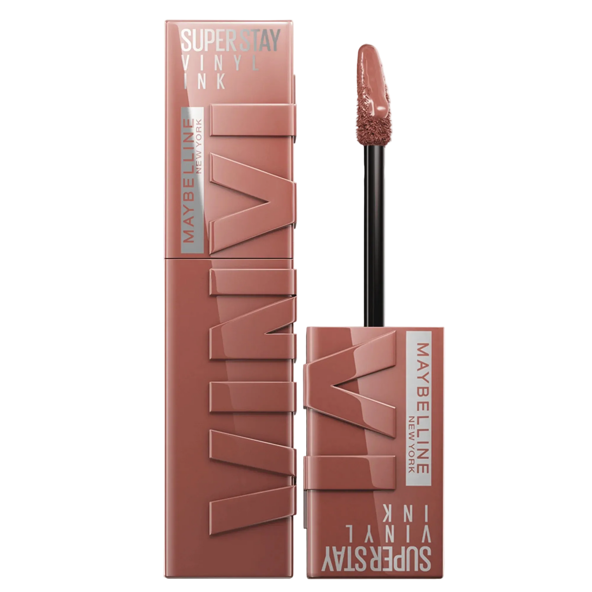 Maybelline New York Superstay Vinyl Ink lipstick in shade 120 Punchy, featuring a glossy, vibrant lipstick tube with the product visible.