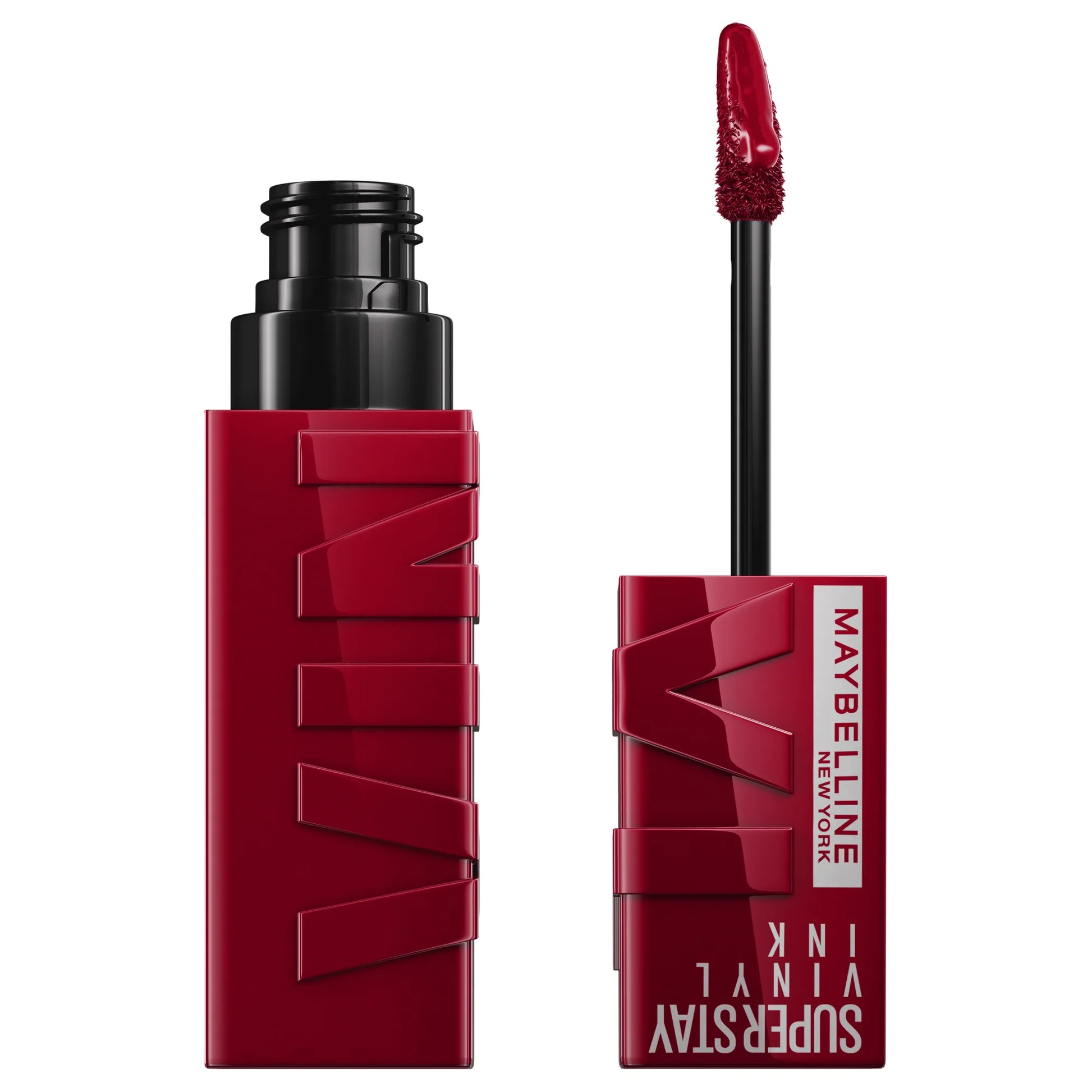 Maybelline New York Superstay Vinyl Ink lipstick in shade 55 Royal, featuring glossy, vibrant red lip color with a shiny finish.