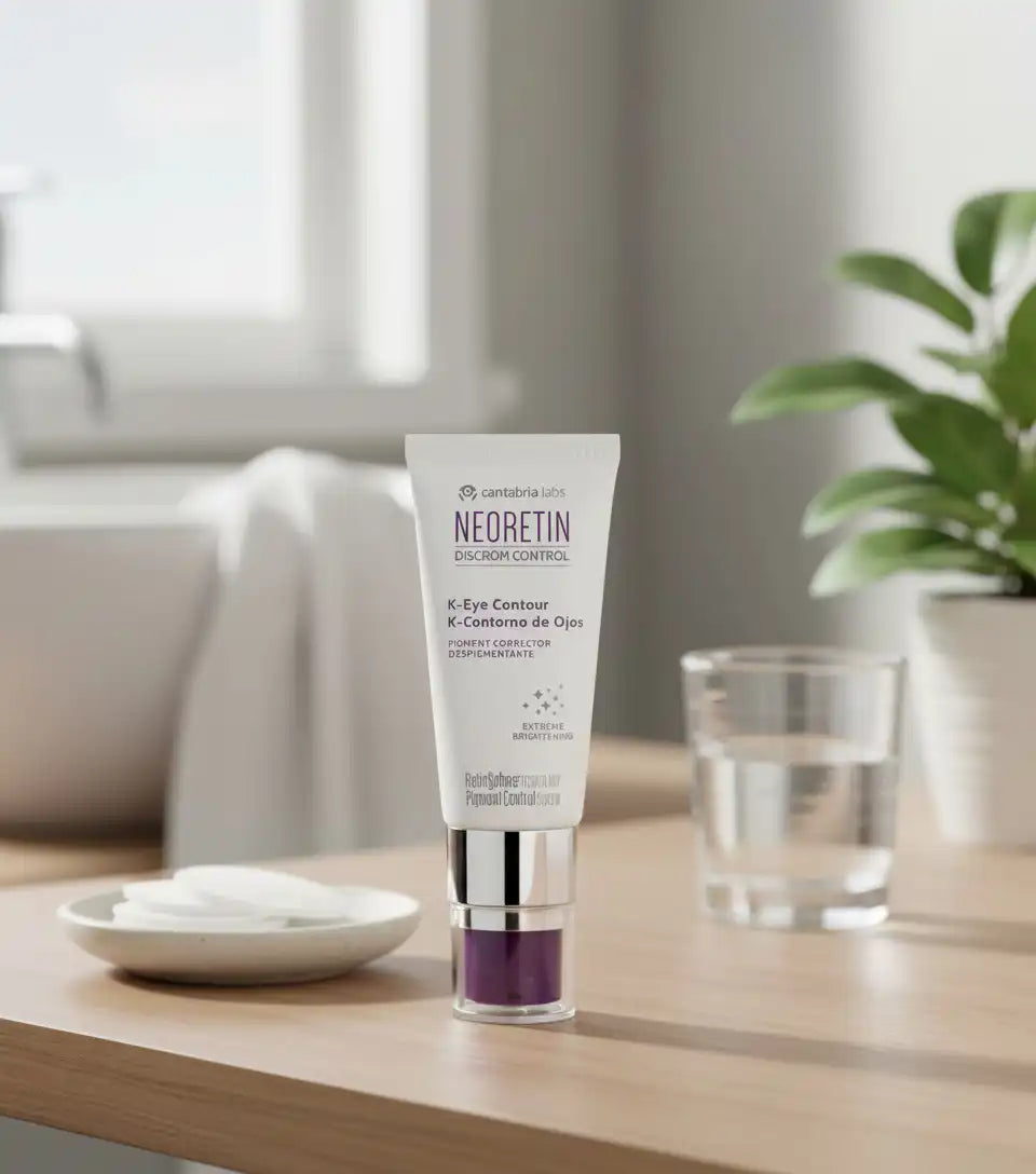 Celvess Cosmetic NEORETIN Discrom Control K eye contour treatment with 15ml bottle, designed to reduce dark spots and improve skin tone.