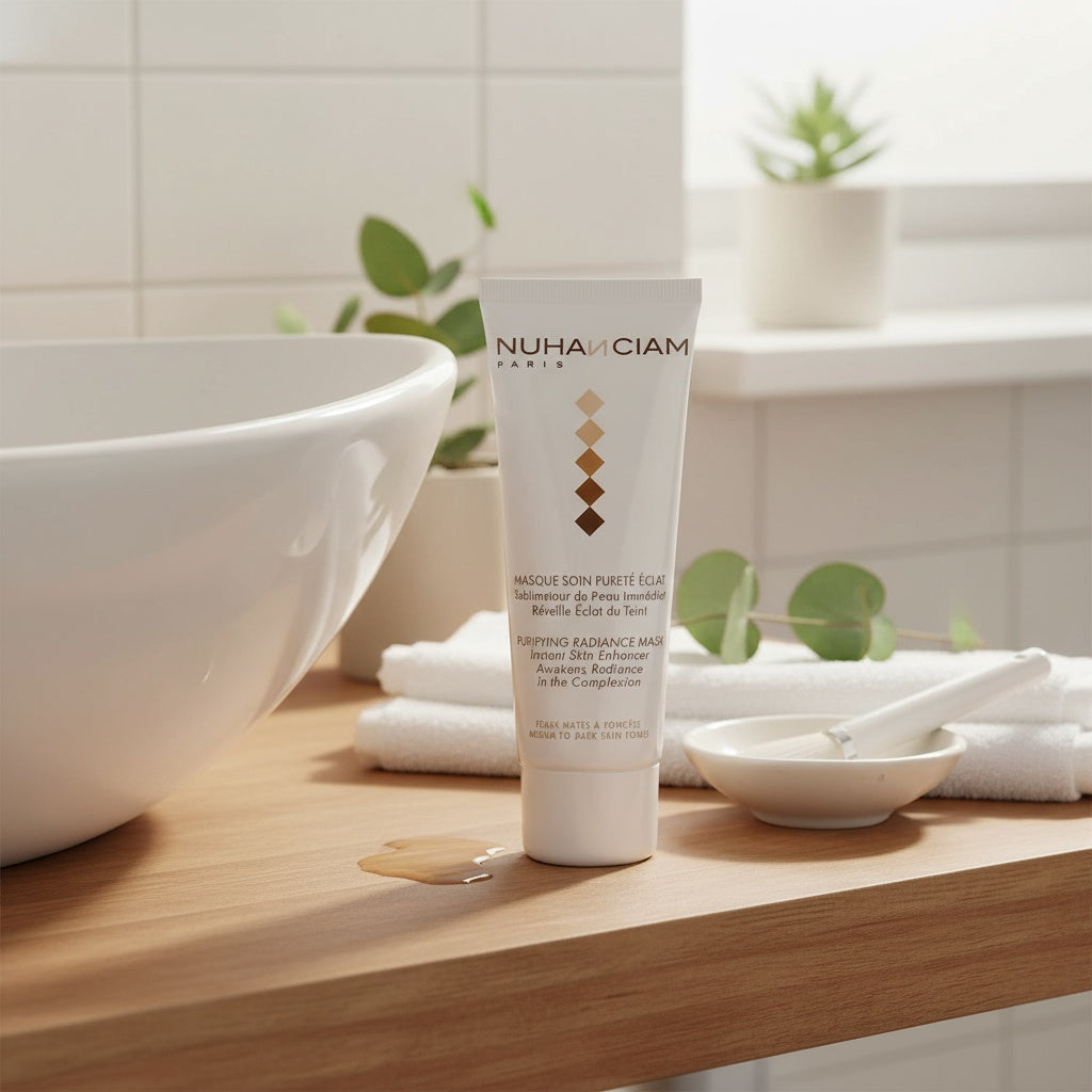 Celvess Cosmetic NUHANCIAM Masque Soin Pureté Éclat in a 75ml jar with a smooth, creamy texture for radiant skin.