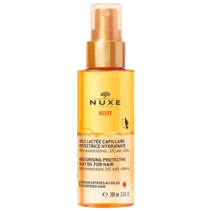NUXE Sun Huile Lactée Capillaire Protectrice Hydratante in a 100ml bottle, nourishing hair oil with protective and hydrating properties.