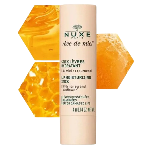 Nuxe Rêve De Miel lip balm stick in 4g, hydrating lip moisturizer from Celvess Cosmetic, shown in a close-up image.