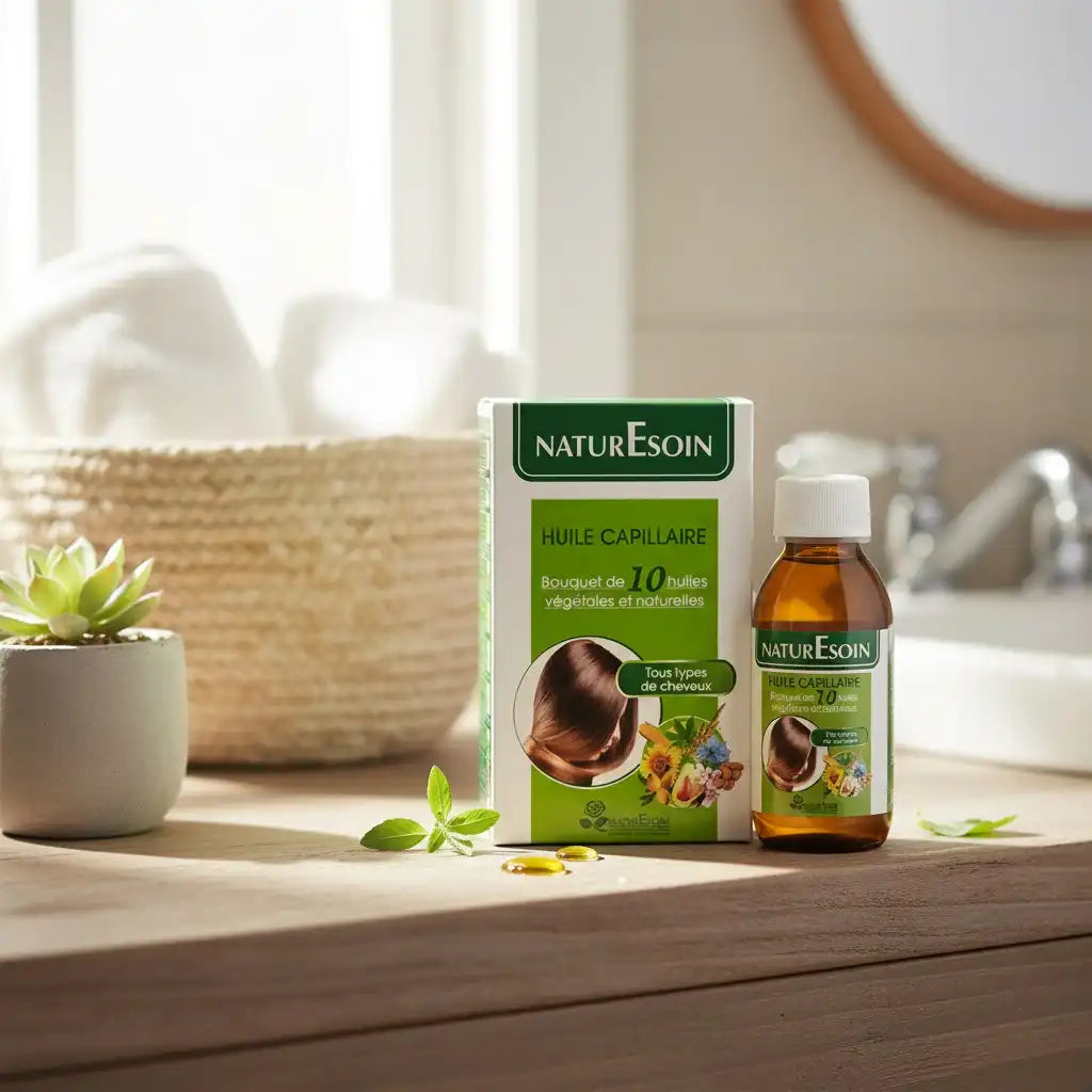 Celvess Cosmetic NATURESOIN hair oil with 10 natural plant oils in a 125ml bottle, showcasing a vibrant blend of botanical ingredients.