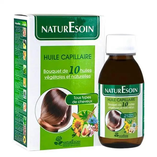 NATURESOIN hair oil with 10 natural vegetable oils in a 125ml bottle, by Celvess Cosmetic, for nourishing hair.