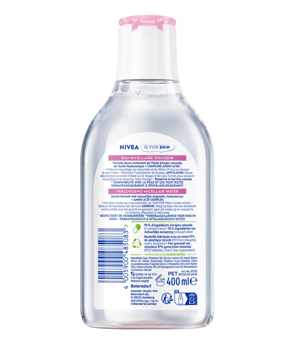 Nivea Eau Micellaire Douceur for dry skin, 400ml, gentle cleansing makeup remover in a clear bottle with a blue cap.