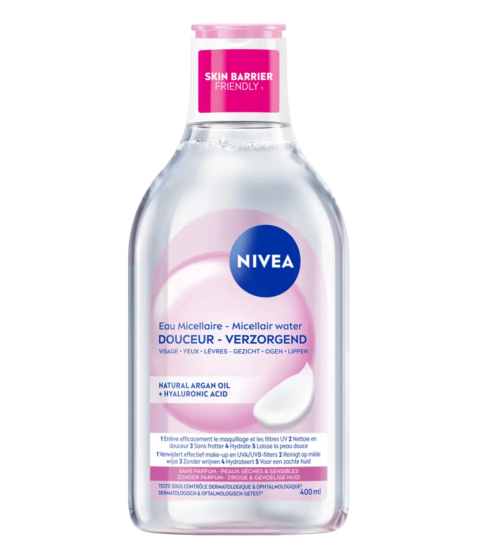 Nivea Eau Micellaire Douceur for dry skin in a 400ML bottle, gentle makeup remover and cleanser by Celvess Cosmetic.