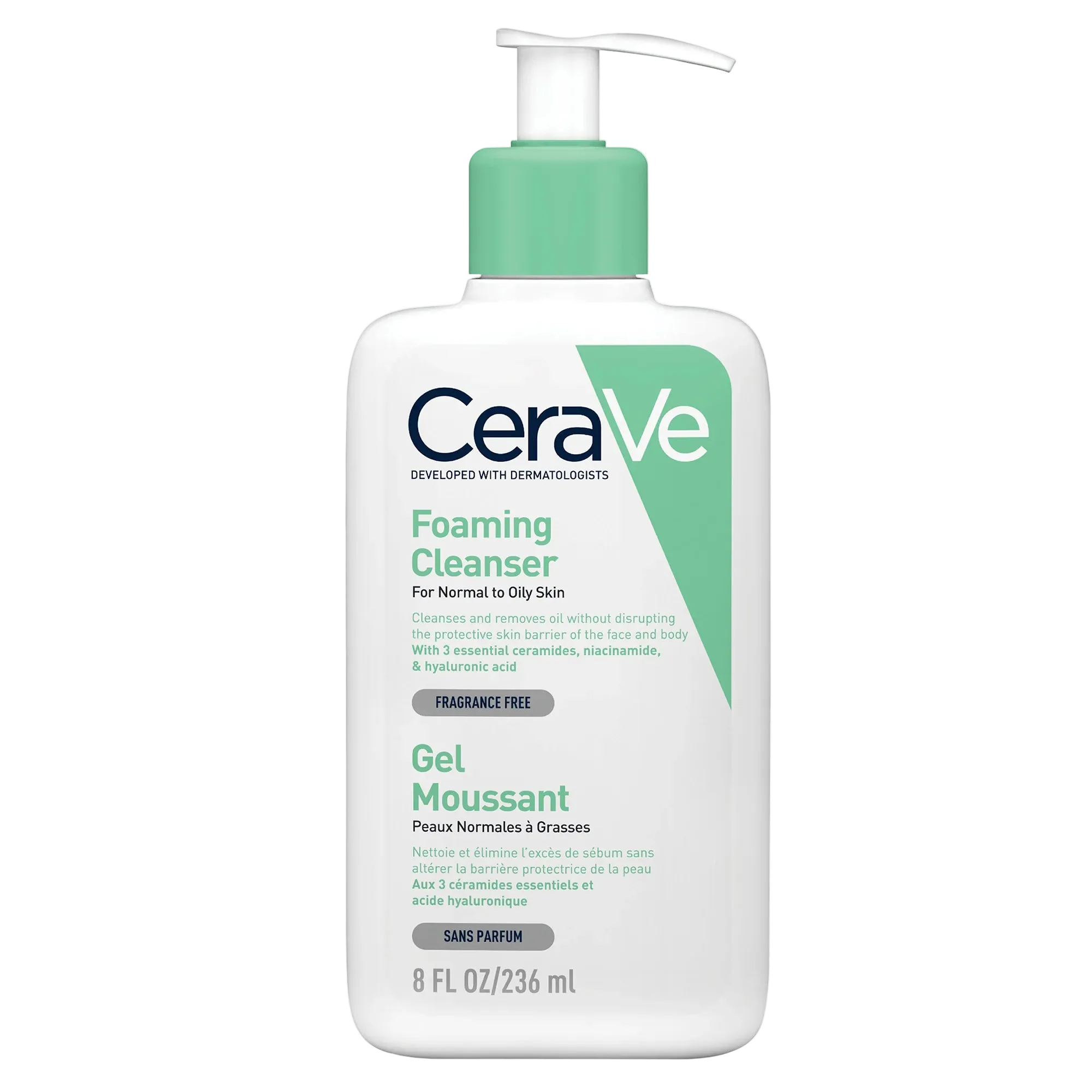 CeraVe Gel Moussant Nettoyant Visage pour Peau Normale à Grasse, 236ml, front packshot showing the cleanser bottle.