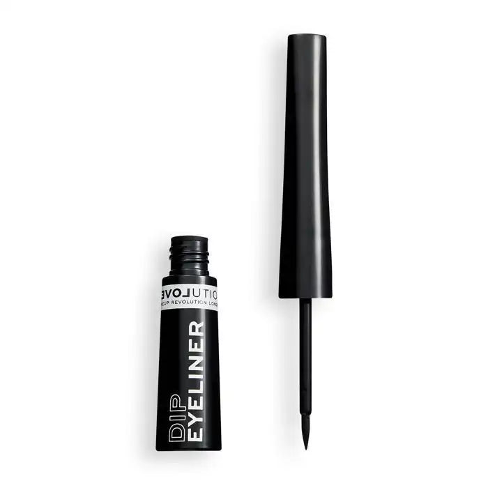 Black RELOVE Dip Eyeliner by Celvess Cosmetic in a sleek applicator bottle, designed for precise eye makeup application.