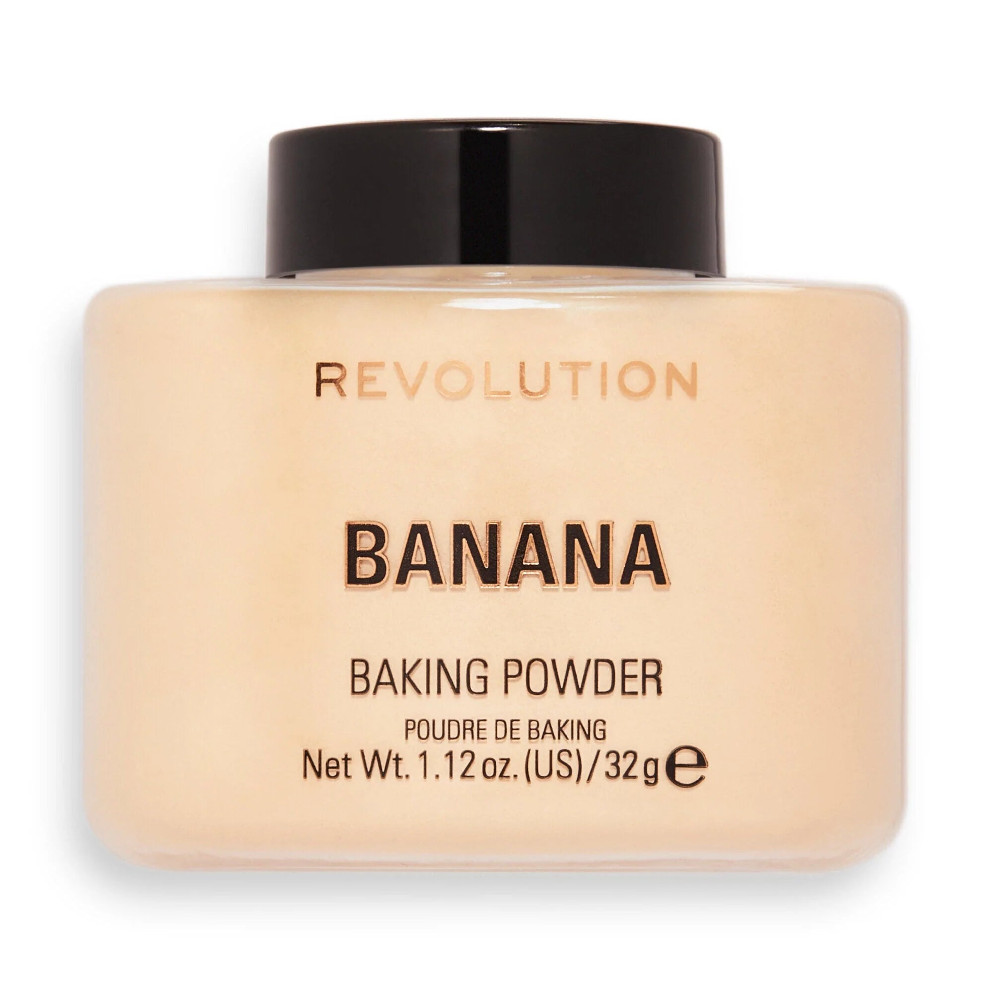 Celvess Cosmetic Revolution loose baking powder in banana shade, featuring a soft, finely milled poudre for setting makeup.
