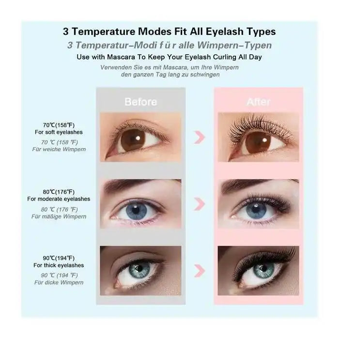 Ceramic heated eyelash curler without puff by Celvess Cosmetic, showing the curling clamp and handle in a close-up shot.