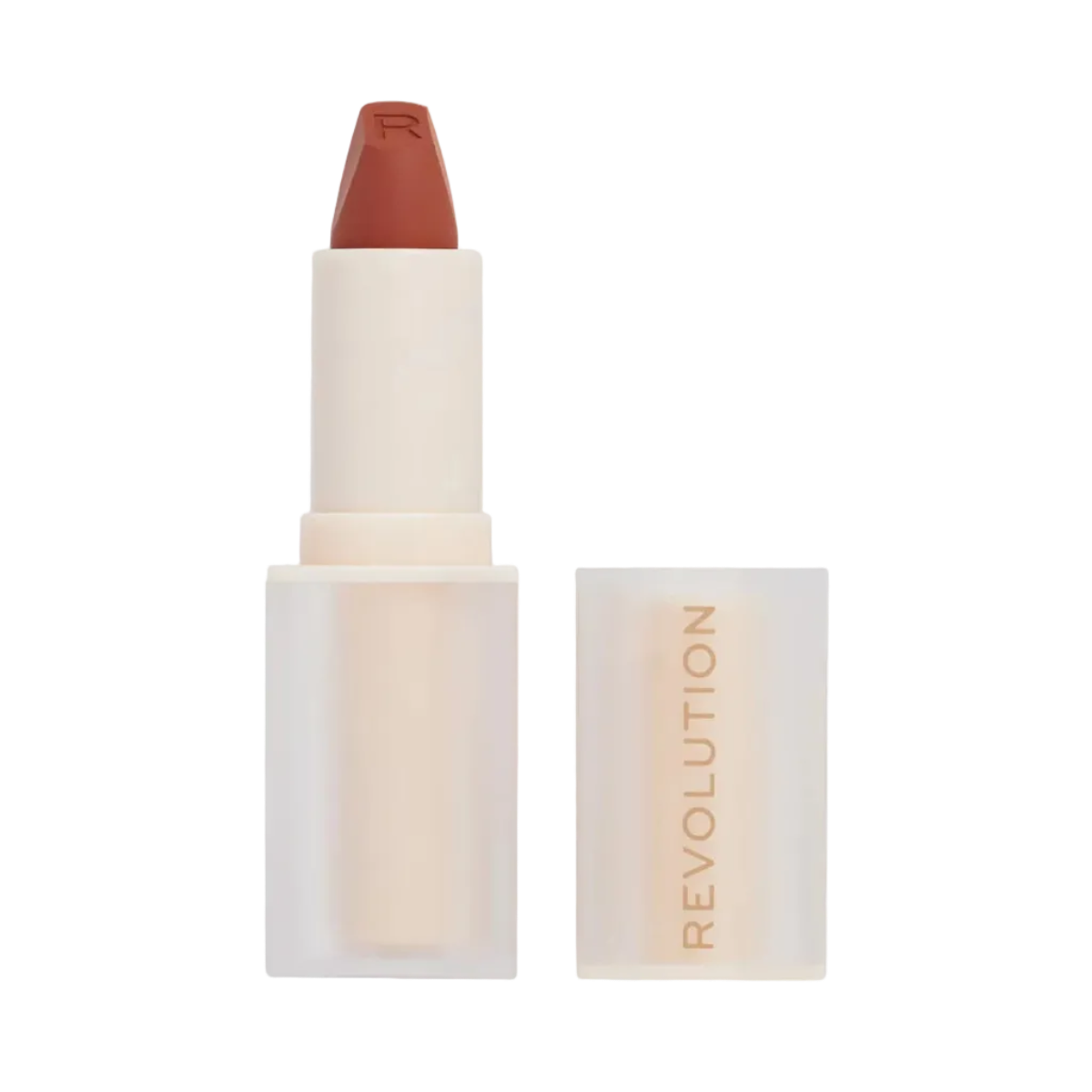Celvess Cosmetic Revolution Lip Allure Soft Satin Lipstick in Rebel Rust, showcasing smooth, satin-finish lipstick with rich rust color.