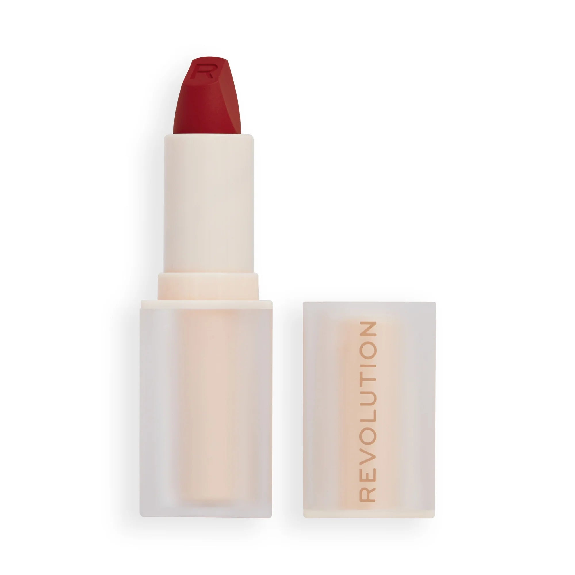 Celvess Cosmetic Revolution Lip Allure Soft Satin Lipstick in Brick Red, smooth satin finish, sleek bullet design.