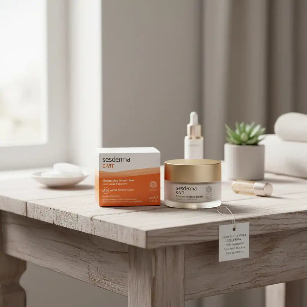 SESDERMA C-vit Crème Hydratante 50ml, nourishing facial cream in a white jar with a blue label, for brightening and hydration.