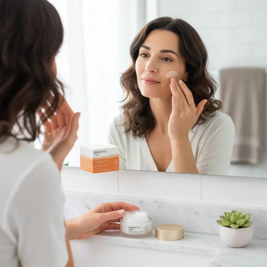 SESDERMA C-vit Crème Hydratante 50ml, a facial moisturizer in a sleek jar with bright orange packaging, suitable for glowing skin.