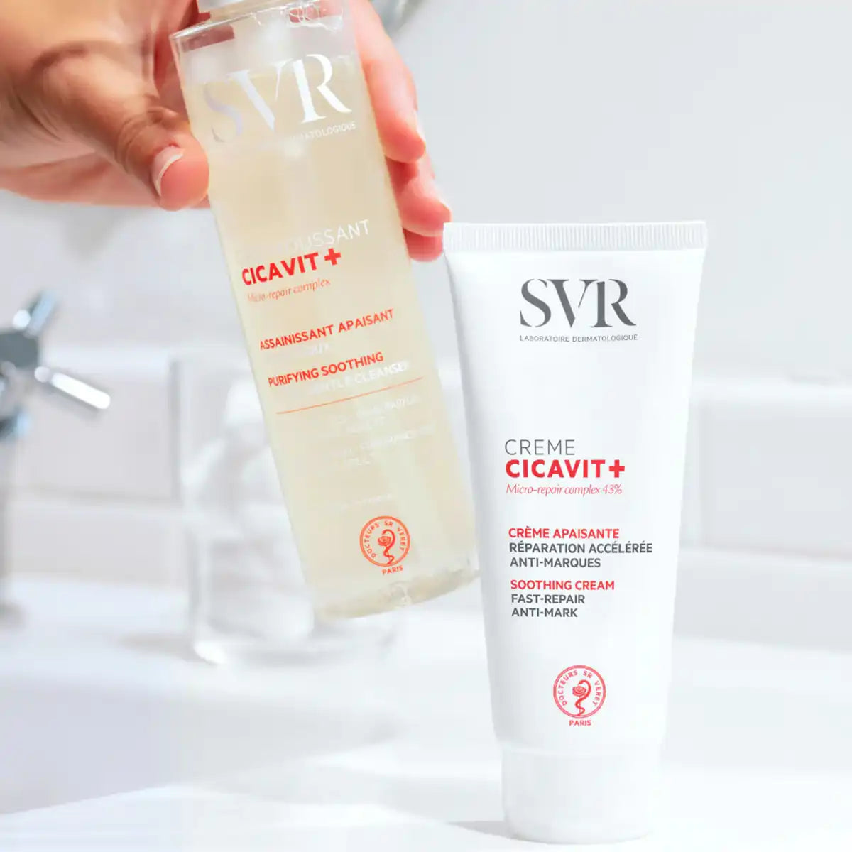 SVR Cicavit+ Gel Moussant Assainissant Apaisant ultra-doux in a 200ml bottle, a gentle cleansing and soothing bath additive by Celvess Cosmetic.