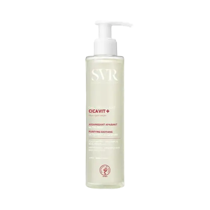 SVR Cicavit+ Gel Moussant Assainissant Apaisant Ultra-doux in 200ml bottle, gentle cleansing and soothing for sensitive skin.