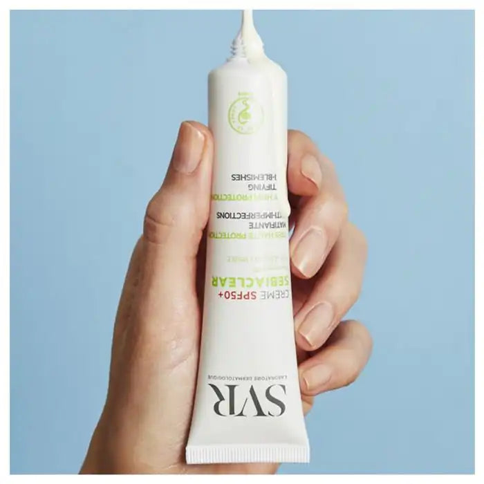 SVR Sebiaclear matte sunscreen cream with SPF50, anti-imperfections skincare, 40ml, smooth texture and protective formula.