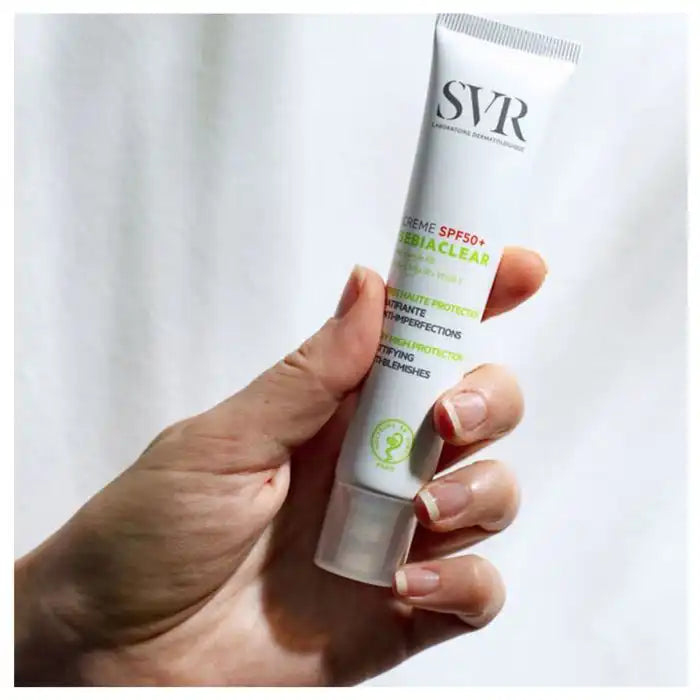 SVR Sebiaclear Matte Sun Cream SPF50 anti-imperfections skincare, 40ml, with a smooth, matte finish for oily skin.