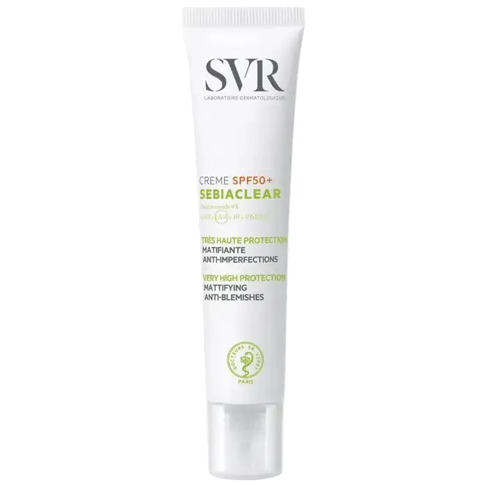 SVR Sebiaclear matte anti-imperfections sunscreen cream SPF50 in 40ml tube, designed for oily and acne-prone skin.