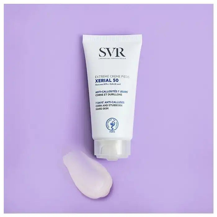 SVR Xerial 50 Extreme foot cream by Celvess Cosmetic for calluses, corns, and tough skin, 50ml tube.