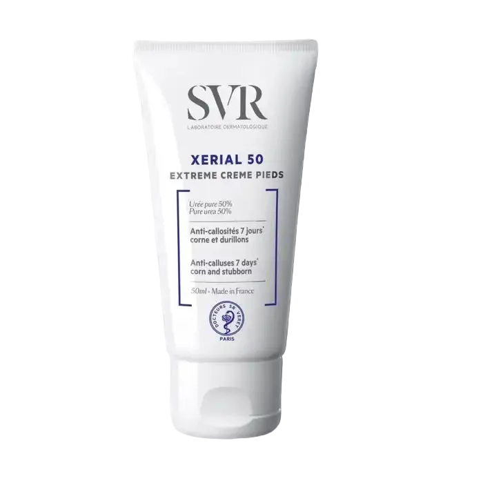 SVR Xerial 50 Extreme foot cream in 50ml tube, anti-callosities and rough skin treatment for feet by Celvess Cosmetic.