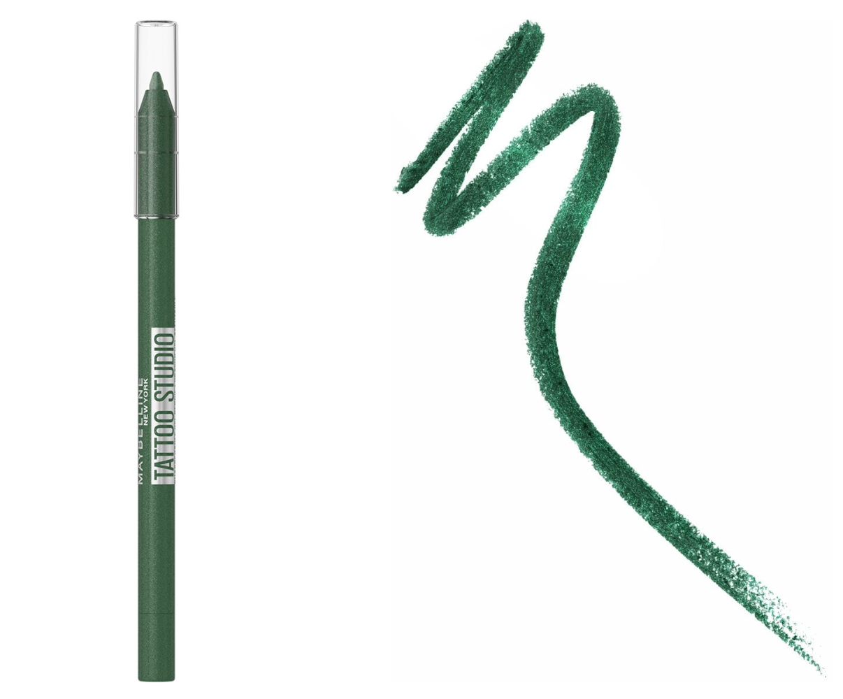 Maybelline New York Tattoo Liner Gel Pencil Eyeliner in black, displayed with the pencil tip and packaging on a neutral background.