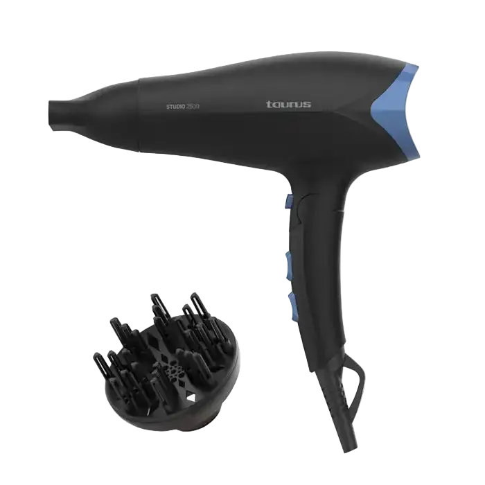 Celvess Cosmetic Studio 2500 hair dryer with 2400W power, ionizer, and fast drying technology, shown with nozzle attachment.